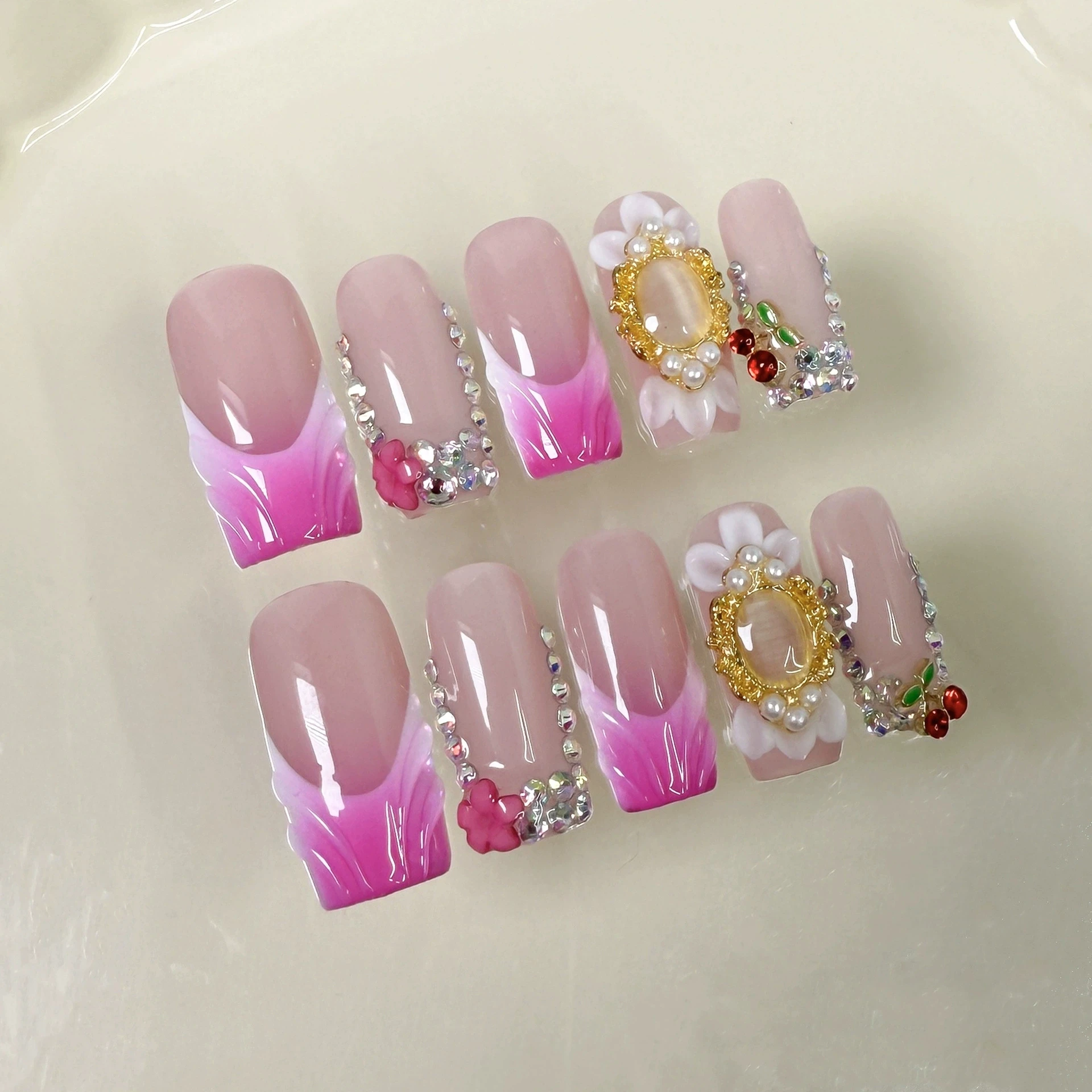 ثلاثية الأبعاد منحوتة مربع الفرنسية الأظافر وهمية اليدوية الصحافة على الأظافر العلاج بالضوء زهرة يمكن ارتداؤها الباليه الأظافر كاذبة الماس ديكور 10 قطعة