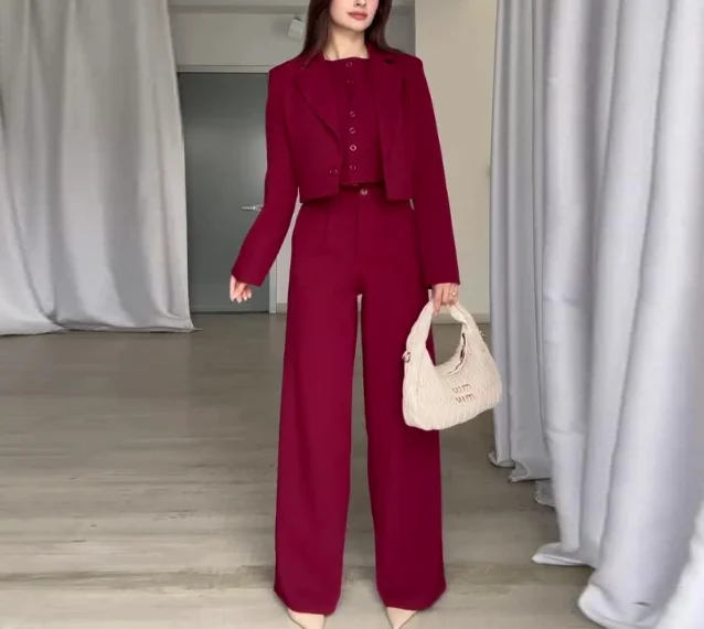 

Elegant 2-Piece Sets for Women Women's Solid Color Lapel Short Top High Waisted Pants Two-Piece Set