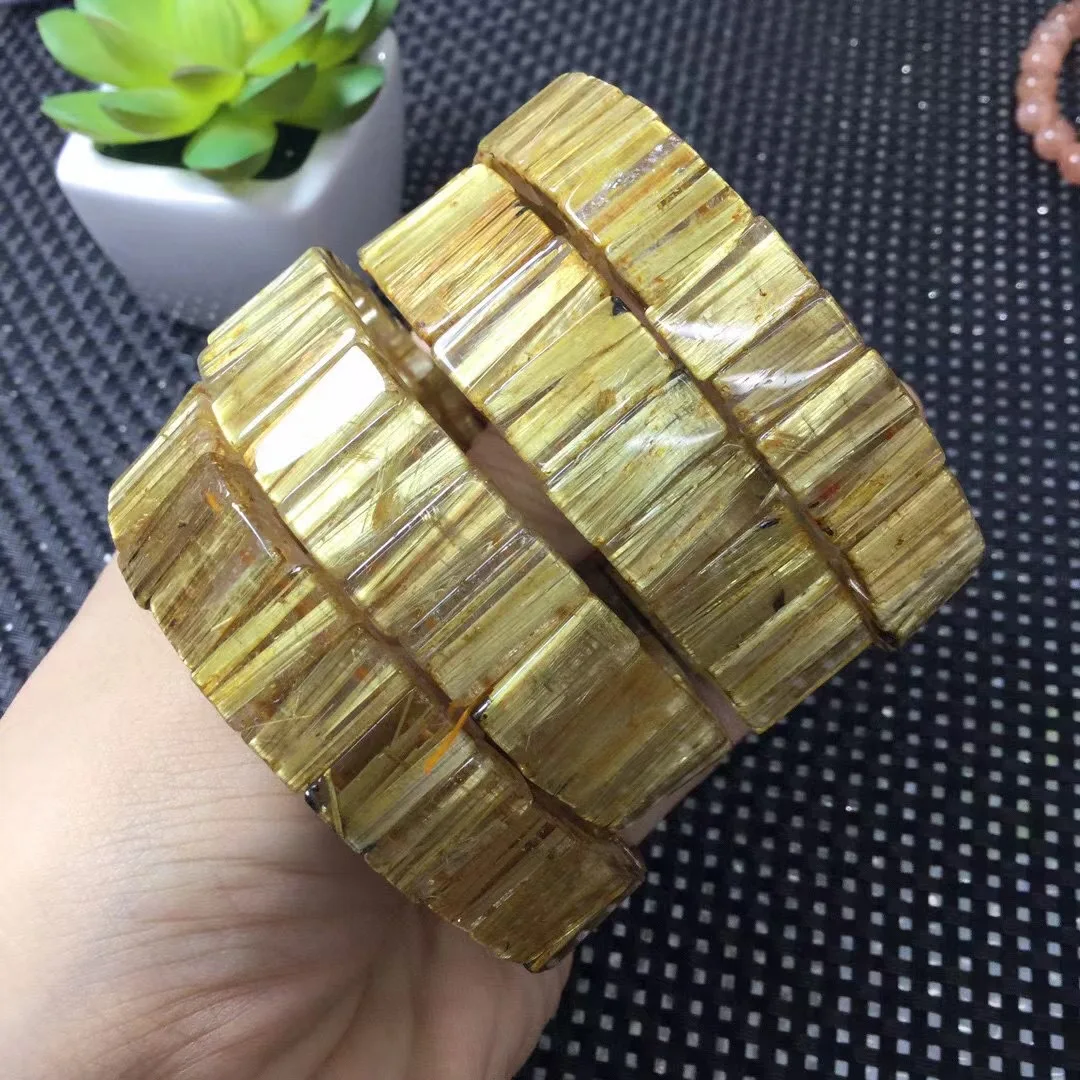 1 Pc Fengbaowu Natural Gold Rutilated Quartz Bracelet Bangle Square Beads Crystal Reiki Healing Stone Fashion Jewelry Gift