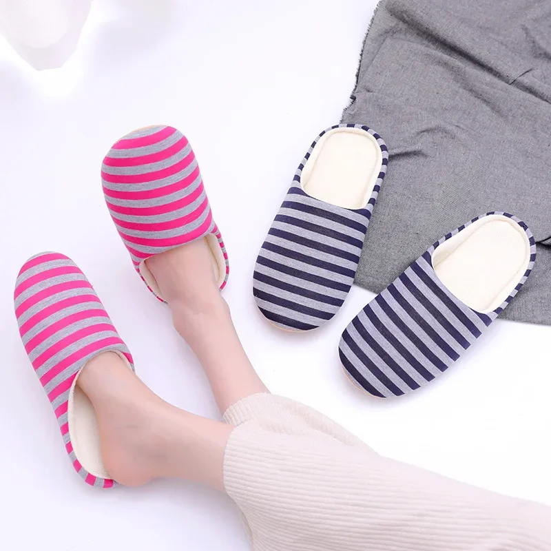

Soft Striped Indoor Mute Cotton Slippers for Women House Shoes Non-Slip Slippers Warm Plush Unisex Comfortable Floor Slipper