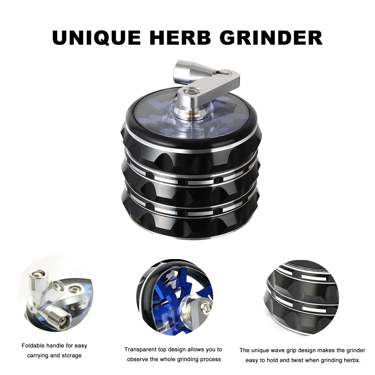 Hand Cranked Tobacco Grinder Aluminum Alloy Tobacco Grinder Set, Lightning Rocker, 4 Layer, 63mm