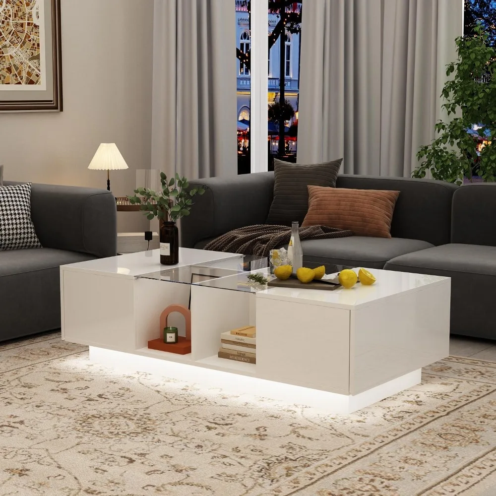 

ECACAD Modern LED Coffee Table with Drawers & Open Compartments, Rectangle Coffee Center Table with Glass Top for Living Room