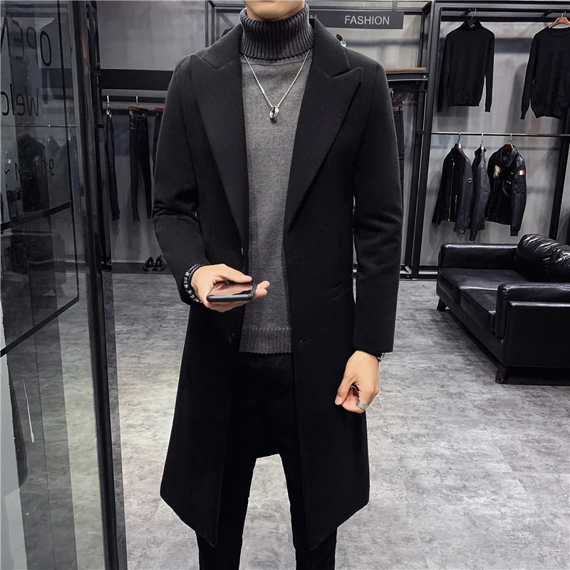 Autumn Winter Mens Wool Jackets British Style Solid Color Mid-length Jacket Men Slim Fit Trench Business Overcoat Clothing