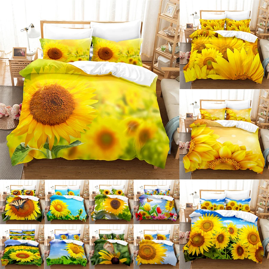 

Floral Quilt Cover Queen Size Sunflower Duvet Cover 3D Bedding Set 3pcs 2pcs with Pillowcase King Full Twin Single Double Beds