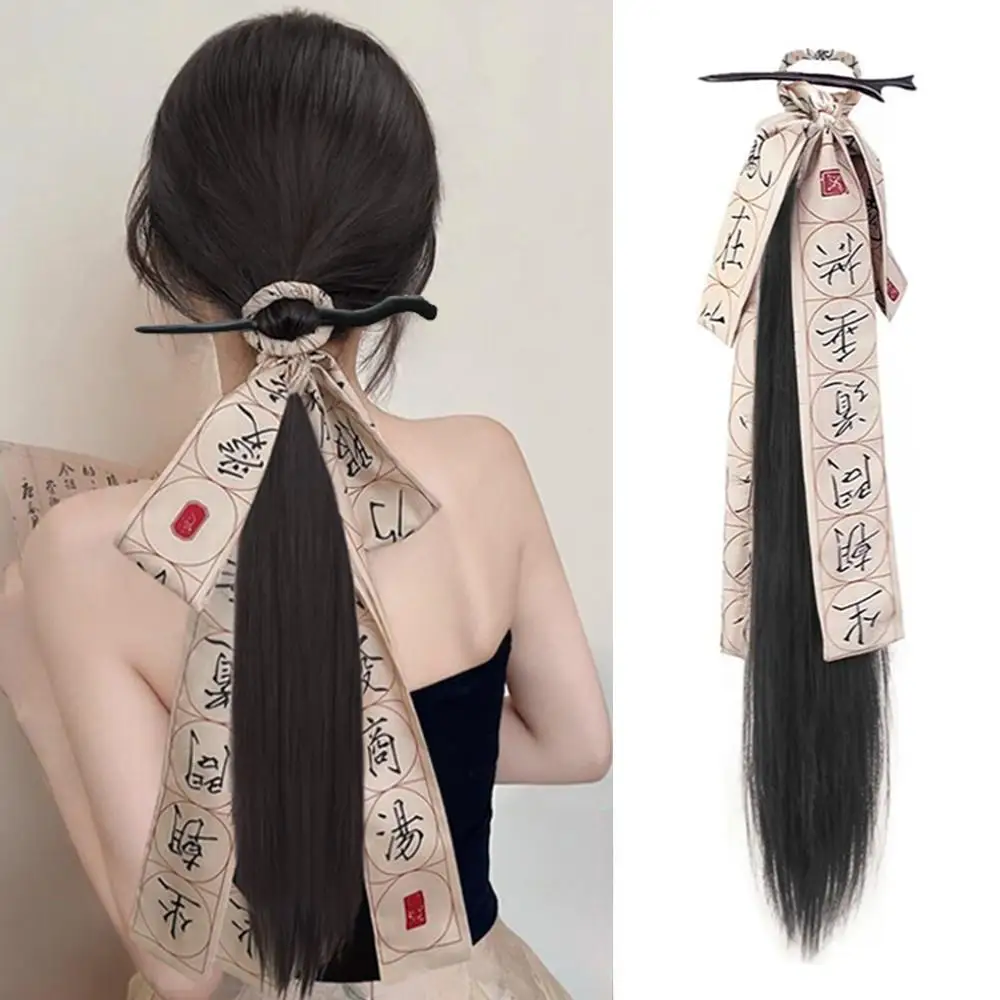 Chinese Style Hairpin Ribbon Ponytail Wig Women Simulated Ancient Hanfu Hair Extension