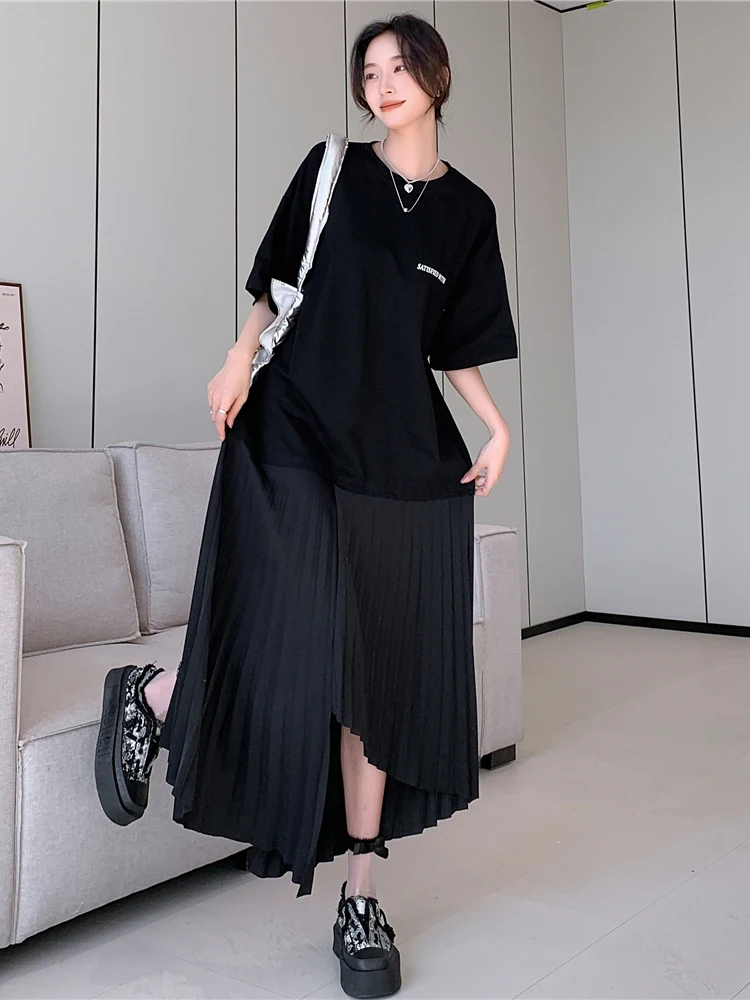 NYFS حجم كبير فستان نسائي فضفاض صيف 2025 النمط الكوري قصيرة الأكمام طباعة فستان طويل رداء Elbise