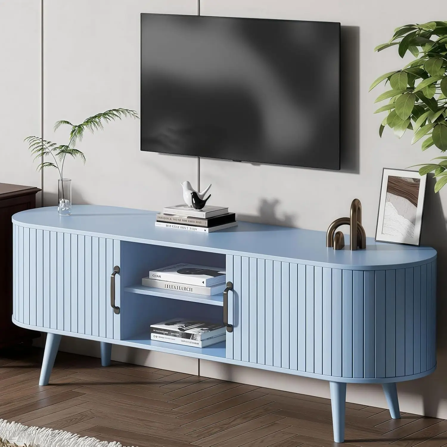 

68" Fluted TV Stand, for TVs up to 70", Credenza with Sliding Door, Curved Reeded Entertainment Center with Storage, TV Console