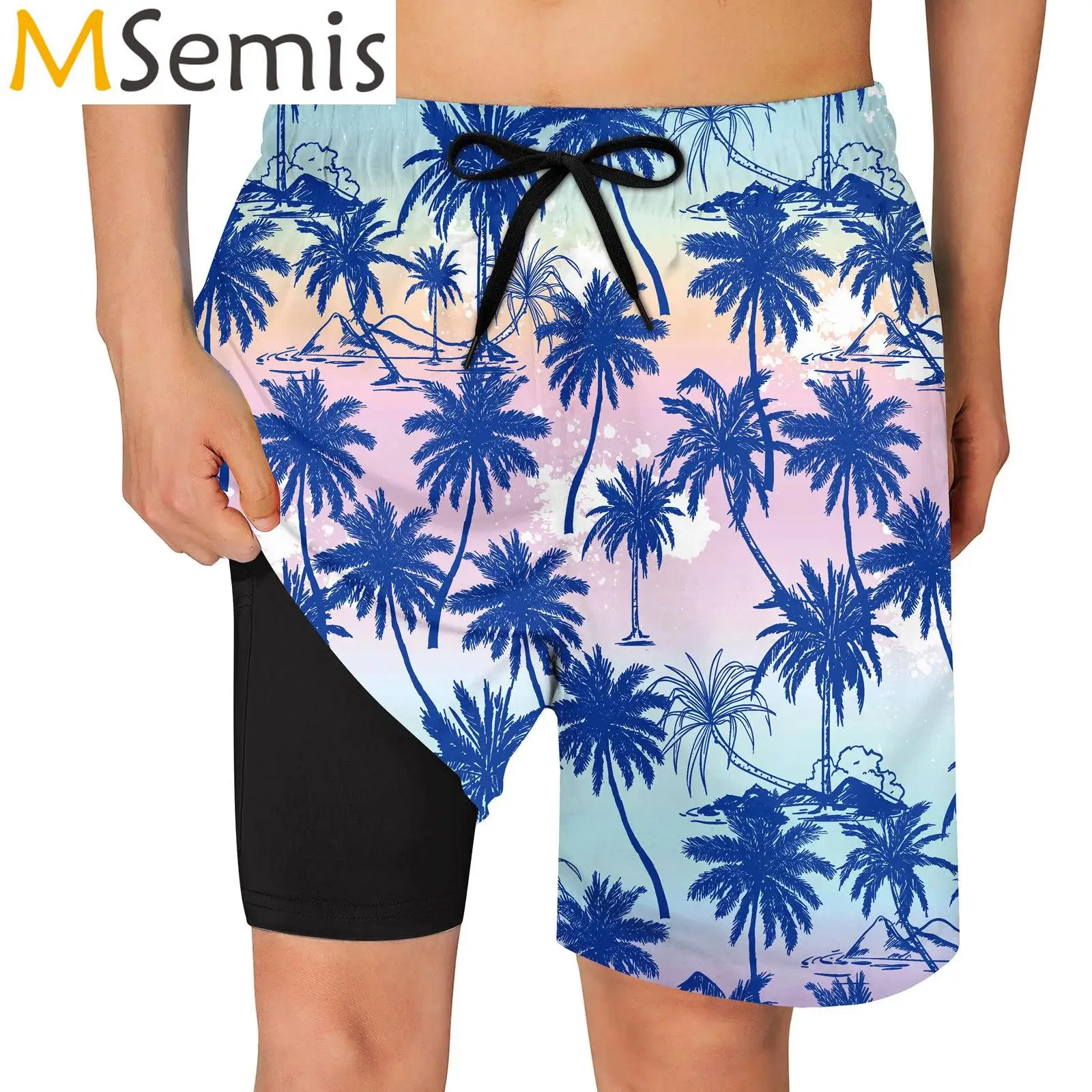 

Swimwear Mens Swimsuit Elastic Waistband Drawstrings Swim Shorts 2 in 1 Swimming Trunk Double Layers Tropical Print Beach Shorts