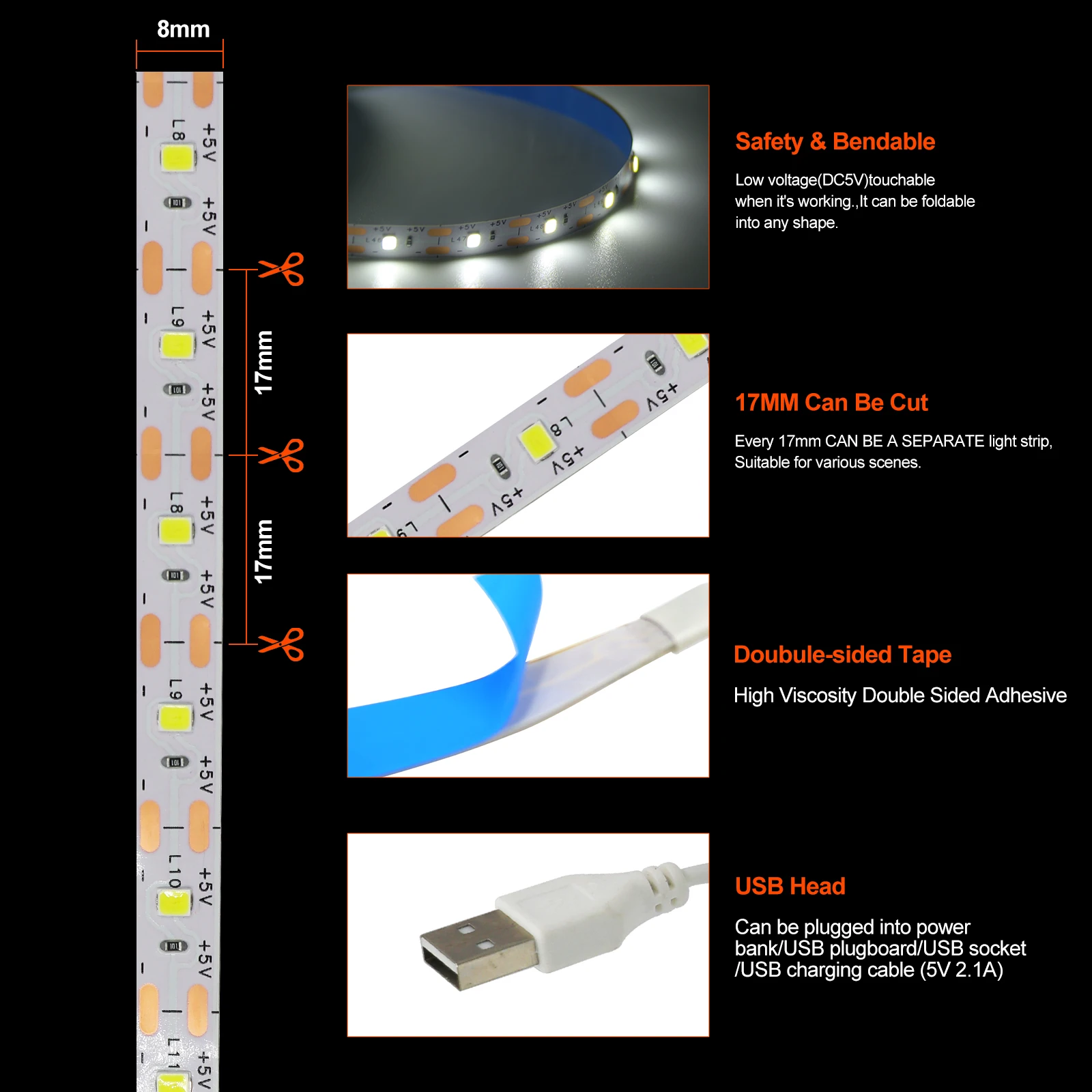 Lampu Strip LED USB DC 5V 2835, lampu kabinet langit-langit pita Led putih dingin hangat redup/ON OFF