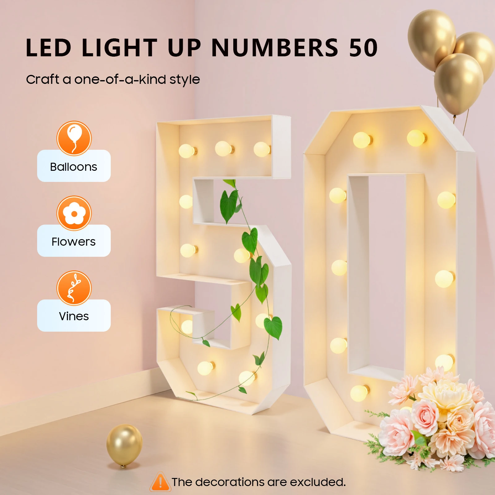 Numeri luminosi a LED 50, decorazioni di compleanno grandi da 39 pollici, scheda KT in stile vintage per la festa del 50° compleanno, anniversario