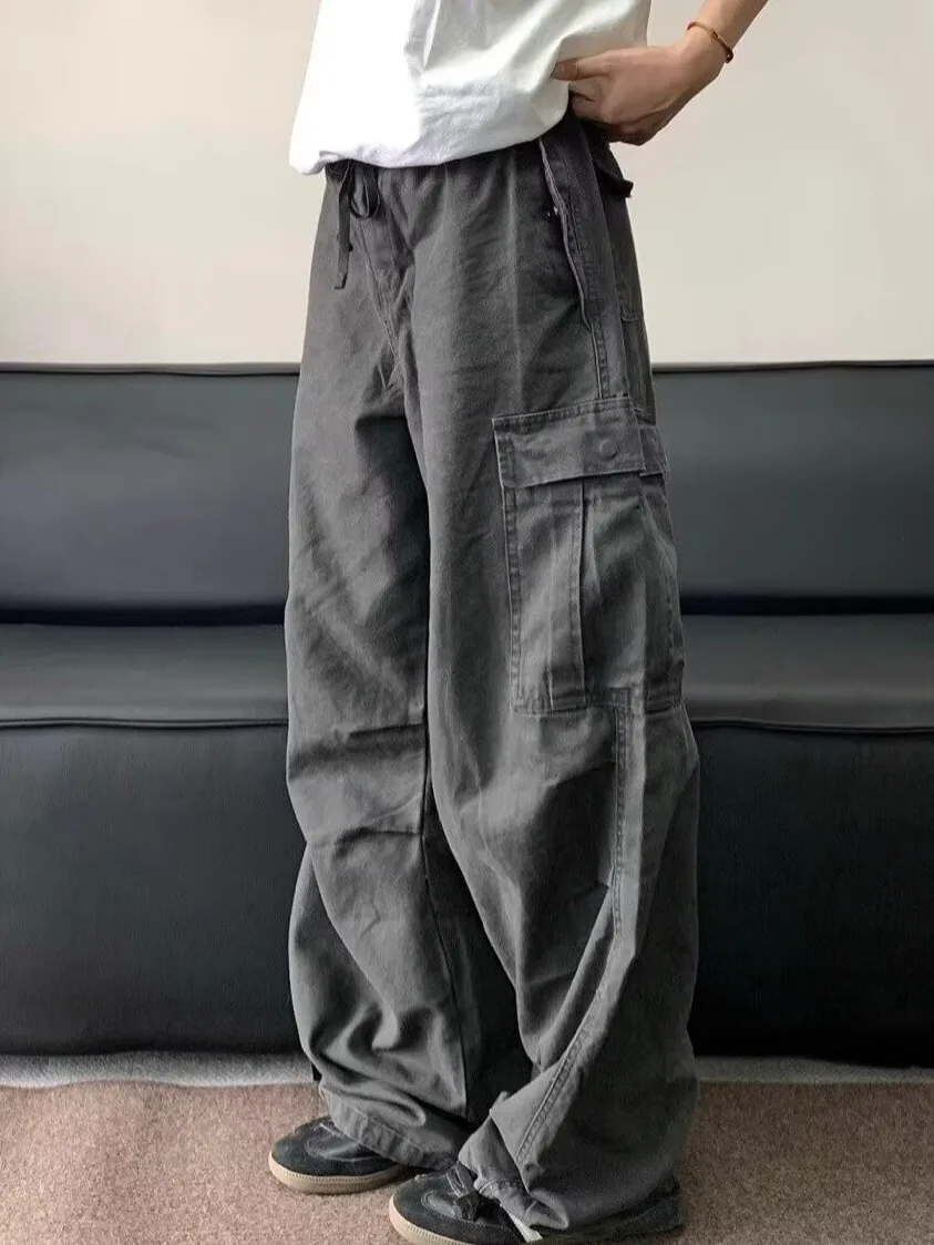 

Waed American Retro Multi-ket Work Pants Women's Street Old-Time Dstring Pleated Paratrooper Loose Wide Leg Trousers