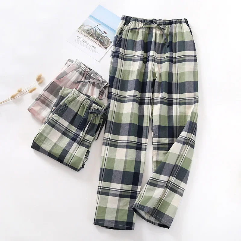 Couple\'s Plaid Pyjama Bottoms Men and Women Cotton Gauze Trousers Summer Elastic Waist Thin Loose Home Sleep Pants