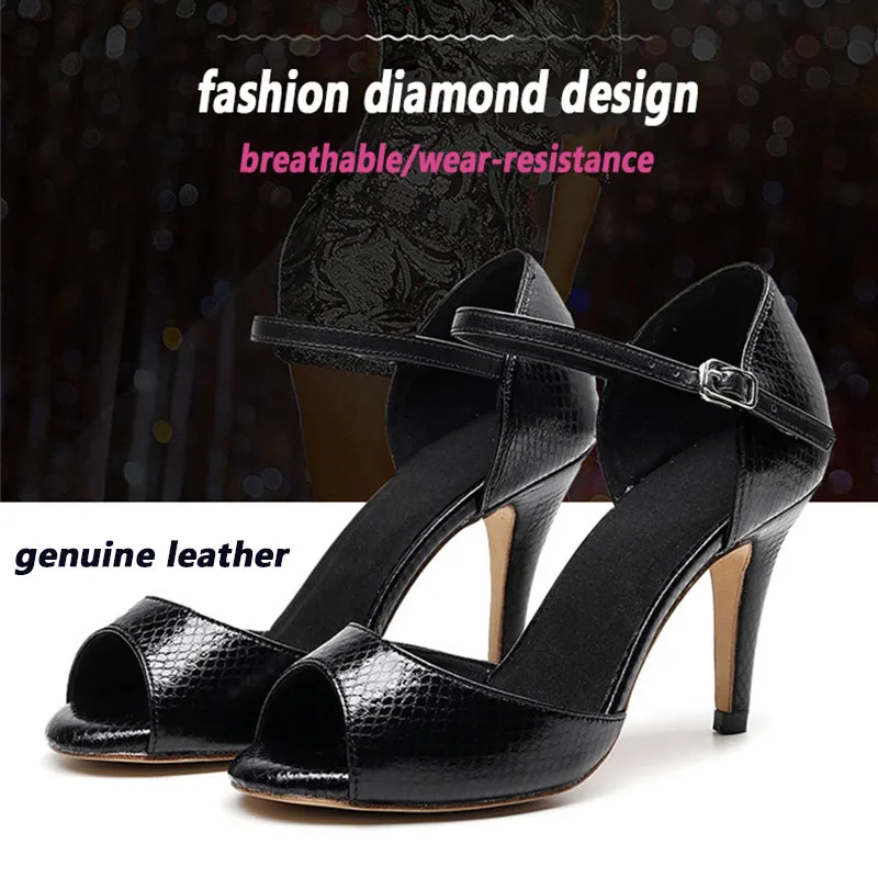 Woman Latin Ballroom Modern Dance shoes Black Leather Suede Rubber Sole Jazz salsa Cuban Slim Heels Ladies Open Toes Stiletto