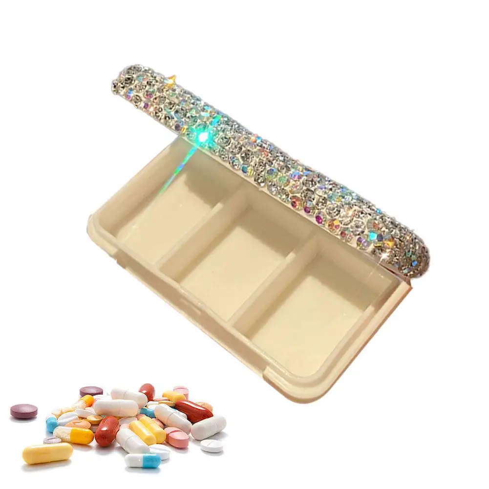Glitzernder Reise-Pillenorganizer, tragbare Kristall-Pillendose für Vitamine, kleiner Pillenbehälter für die Tasche, Medikamenten-Organizer – Detail 12