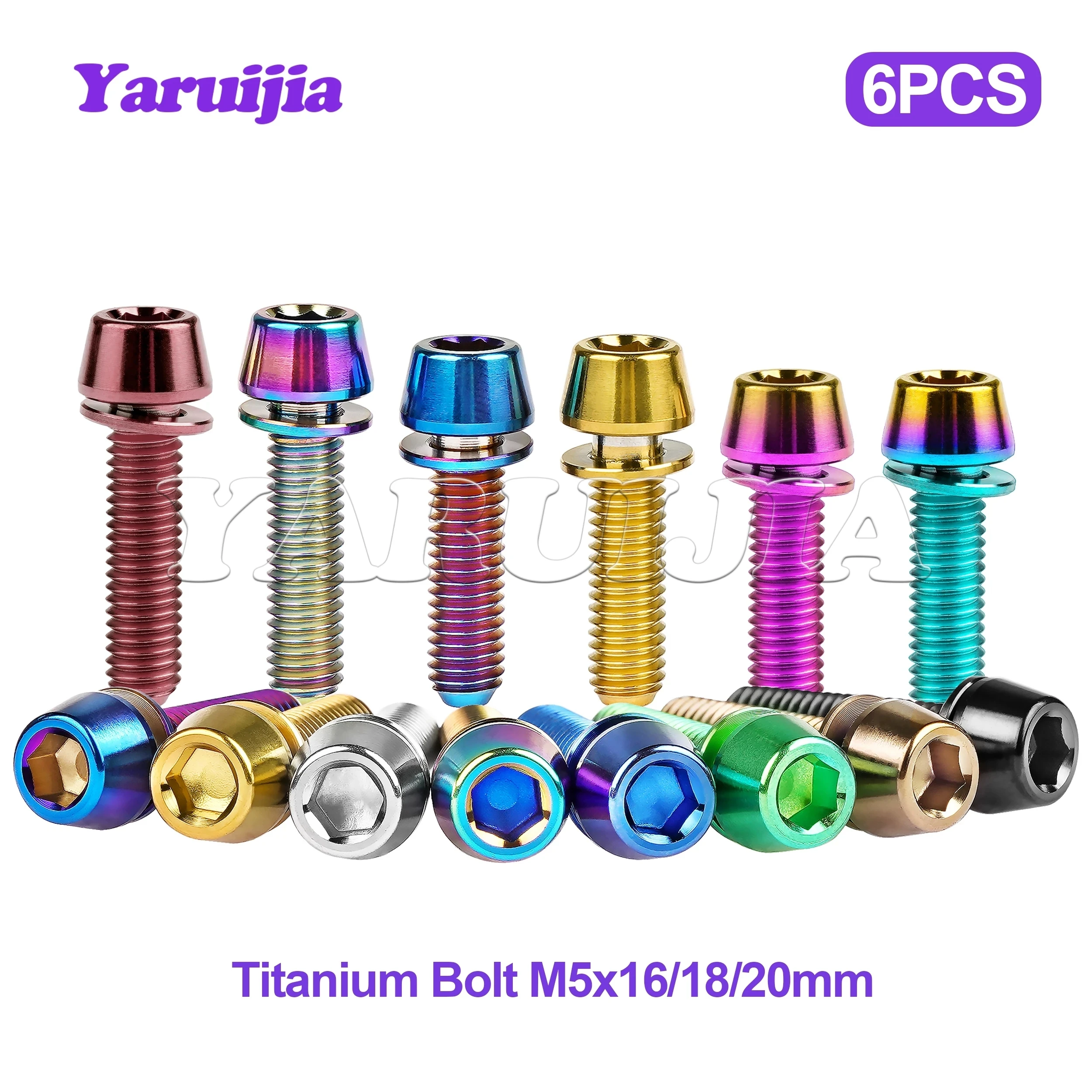 

Yaruijia 6Pcs Titanium Ti M5x16mm M5x18mm M5x20mm for Bicycle Stem Allen Hex Tapered Head Bolt with Washer