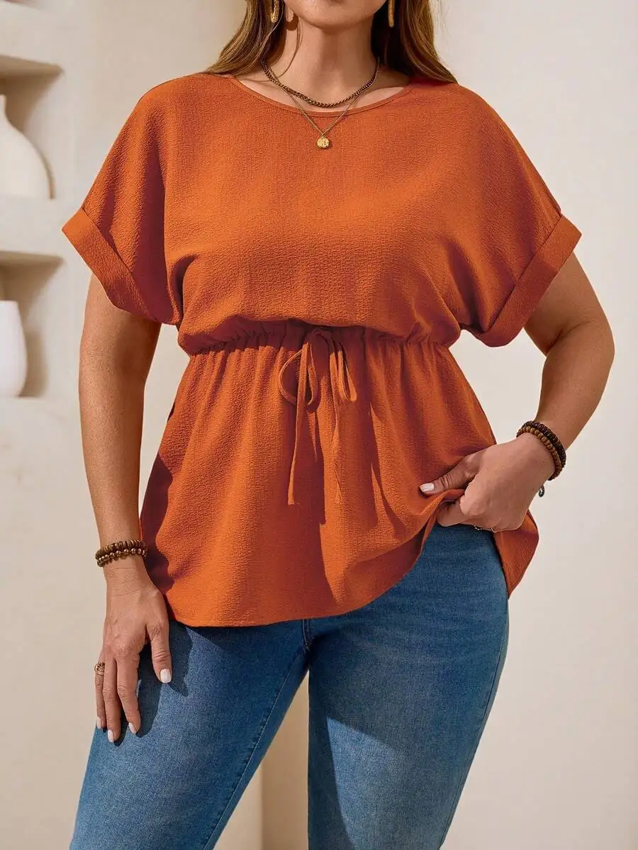 

Rust Orange Round Neck Batwing Sleeve Drawstring Waist Blouse