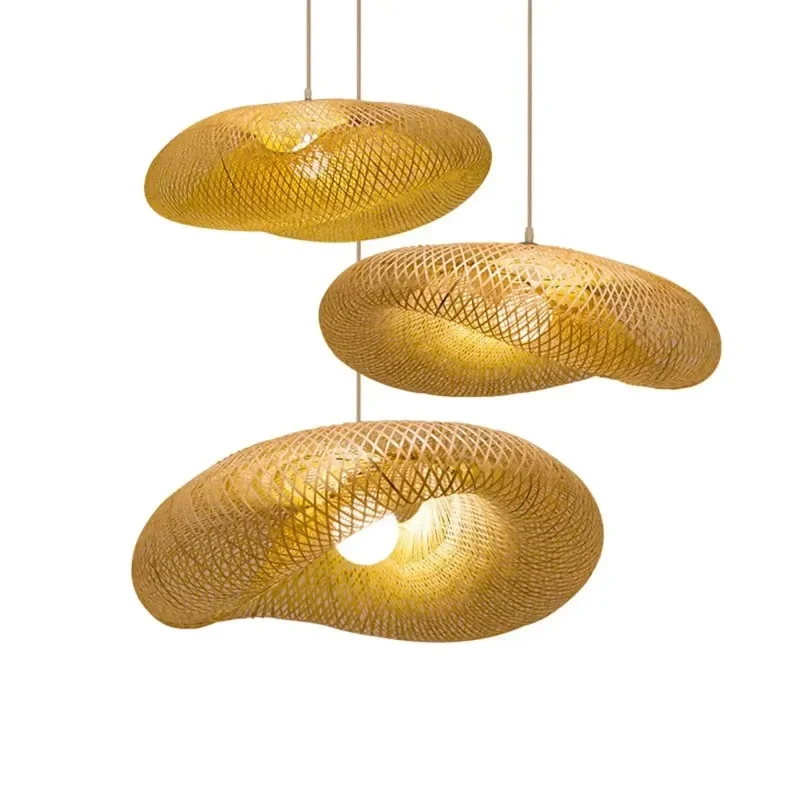 Handmade Hanging Chandelier Lighting Vintage Bamboo Weaving LED Pendant Light Home Living Room Kitchen Decor Rattan Woven Lamp