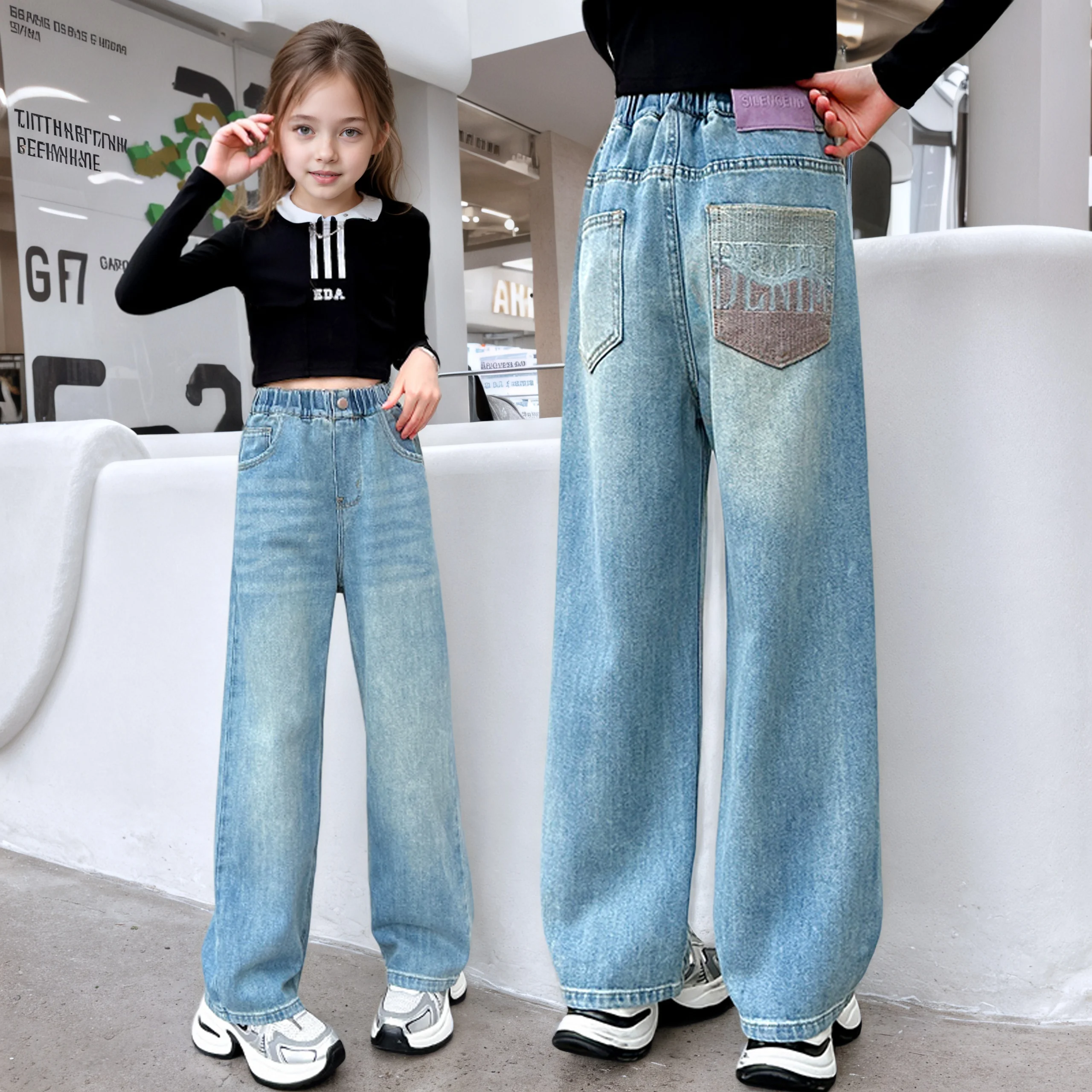 

Широкие брюки с карманом сзади для девочек, тонкие и прямые брюки, подходящие для верхней одежды, брюки для детей 5-15 лет