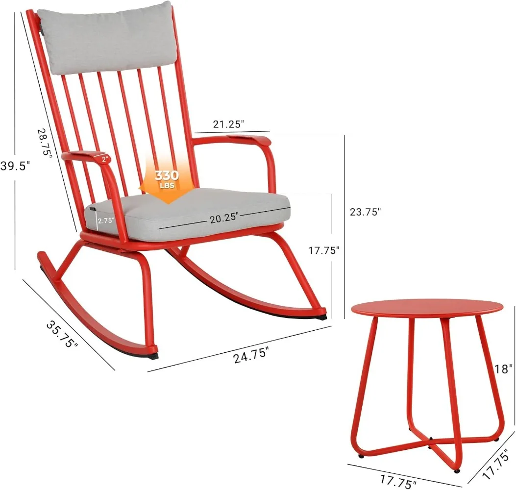 3-PieceOutdoor Rocking Chair Set, Steel Rocking Chairs with Cushions and 18-inch Small Round Side Table