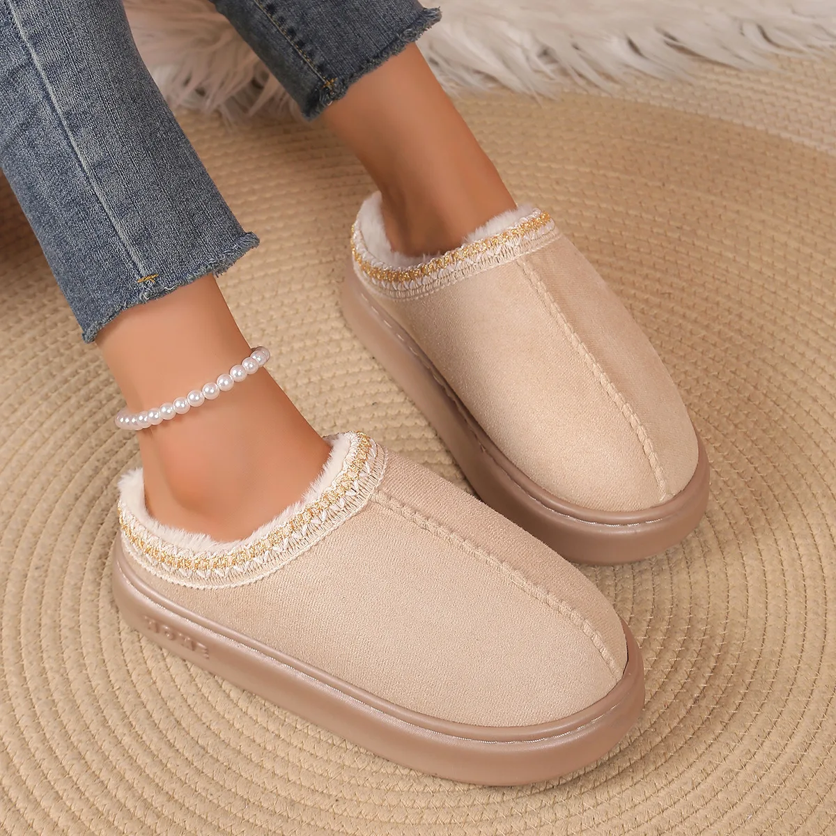 Winter Women Mini Snow Boots Short Ankle Slippers Indoor Cozy Fleece Lined  Thick Sole Fuzzy Non-Slip House Cotton Shoes