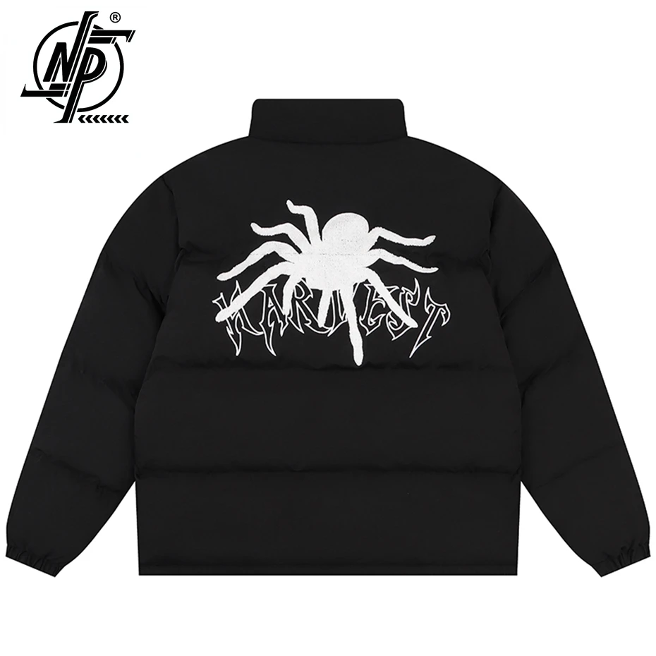 

Spider Embroidery Winter Jackets Men Padded Puffer Coat Black Loose Parkas Hip Hop Streetwear Y2K Jackets Outwear Black