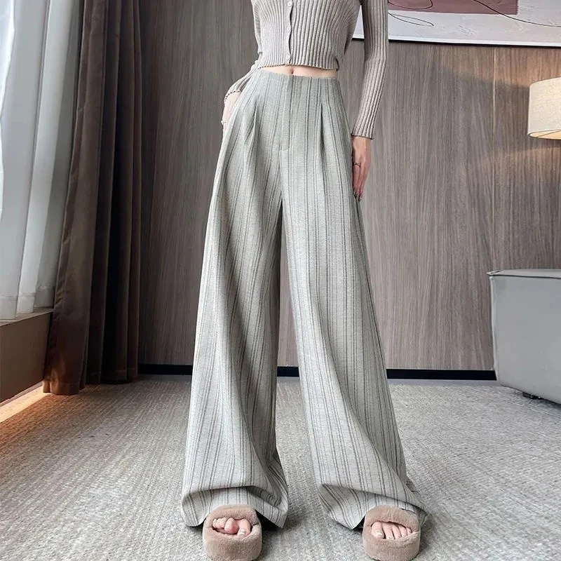 Women Striped Wide Leg Pants Korean Fashion Loose Casual Suit Trousers High Waisted Draped Spring Fall Classic Simple Pants