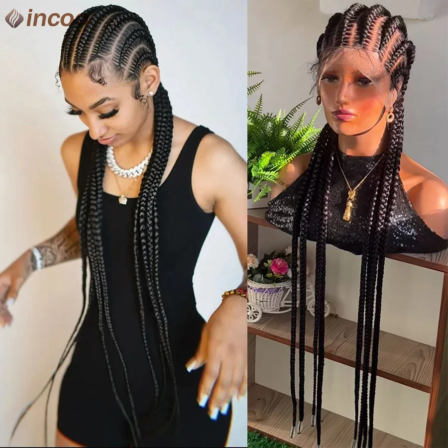 36'' Synthetic Twisted Cornrows Braided Lace Front Wig Locs Goddess Knotless Box Braids With Baby Hair Handmade Full Lace Braids