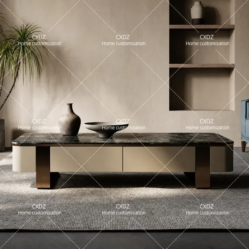 Rectangular Coffee Table with Drawers Natural Blue Jadeite Marble Stone High End Living Room Furniture Light Luxury Style