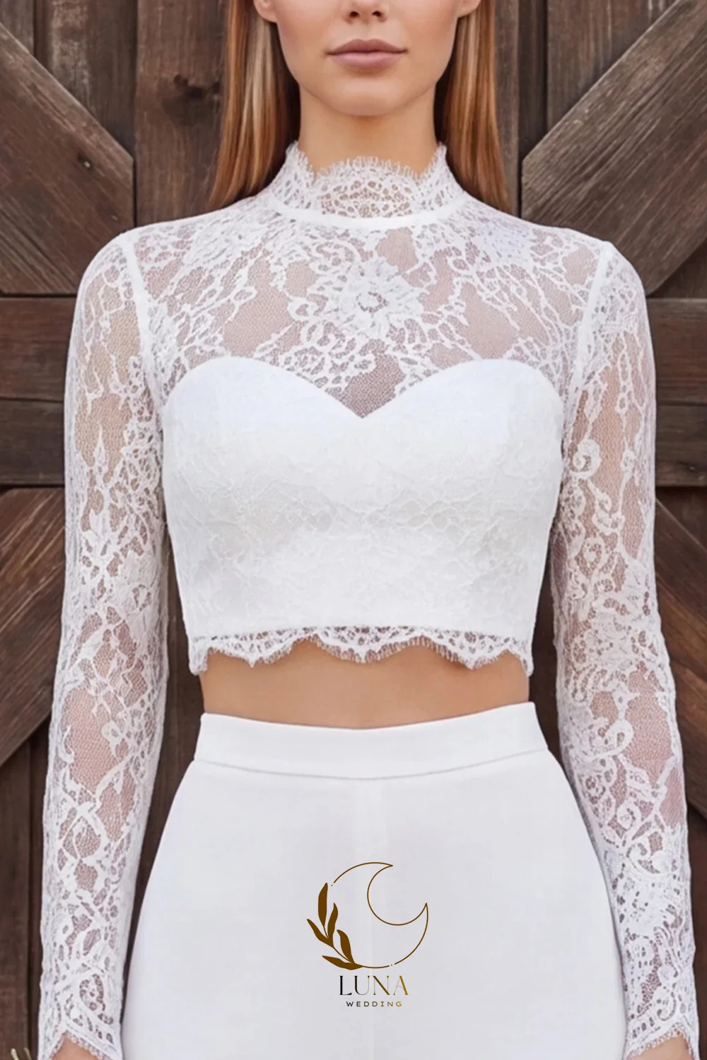 Luna Ivory Lace Long Sleeves High Neck Two Piece Wedding Outfits Customized Eleganmt Bridal Gown Photography Engagement Dress