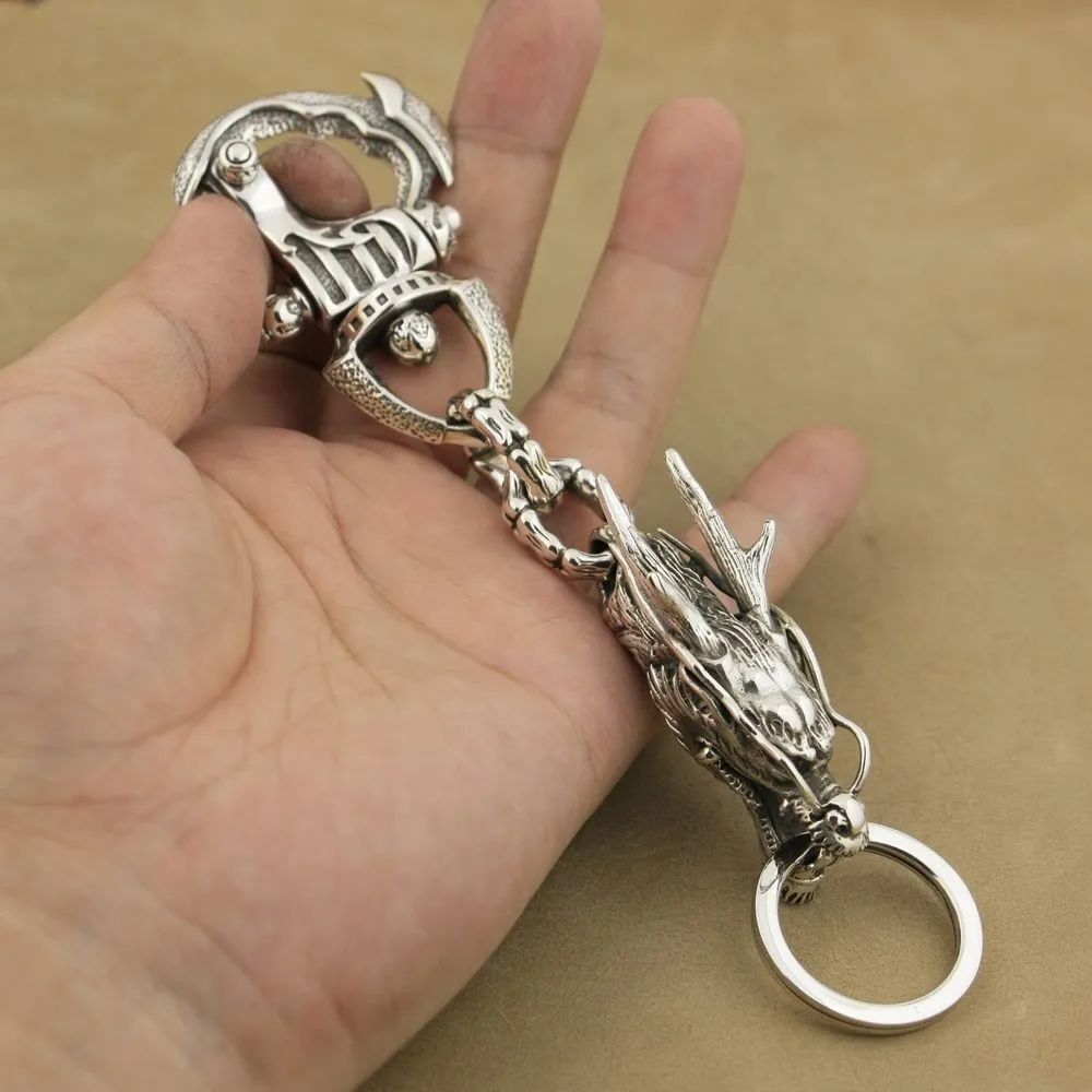 925 Sterling Silver Heavy Armor Clasp KeyRing Biker Dragon Keychain Punk DIY Accessory 8J025