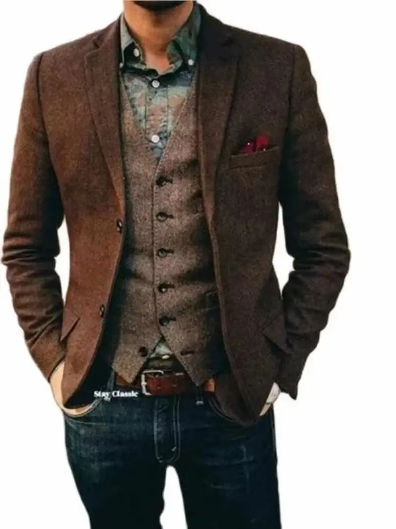 

(Only Coat)Brown Herringbone Men's Suit Blazer Prom Tuxedos Wool Tweed Notch Lapel Two Buttons Bussiness/Wedding Jacket Tops