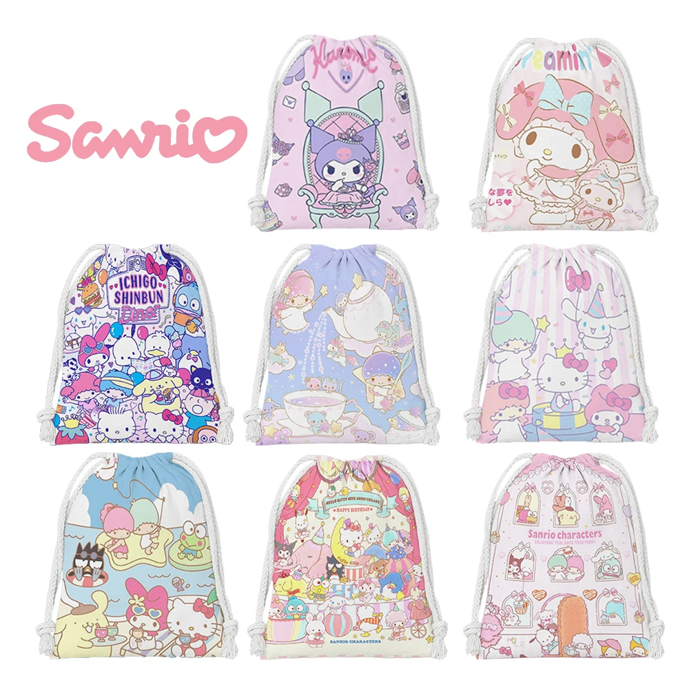 Sanrio Kuromi Hello Kitty Drawstring Pocket Storage Bag Melody Kawaii Cute Cartoon Proof Girl Portable Folding Bag Shopping Gift