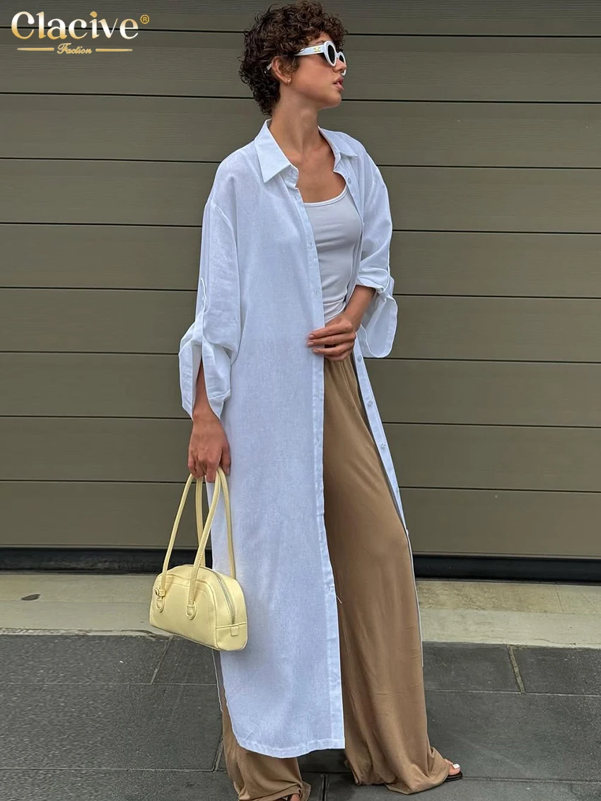 Clacive Fashion Loose White Cotton Women Dress Casual Lapel Long Sleeve Ankle Length Dresses Elegant Classic Solid Female Dress