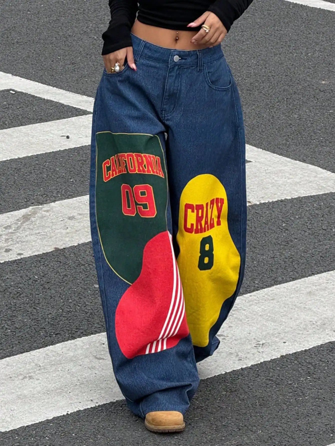 

Women's Wide-Leg Denim Jeans with Bold Color-Block Graphic Patches, Streetwear Style
