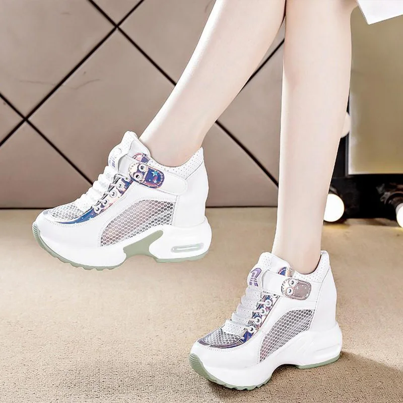 New Ladies Sneakers Spring Sequin Casual Women\'s Platform High Heels Wedge Heel Heightening Knitted Ladies Vulcanized Shoes