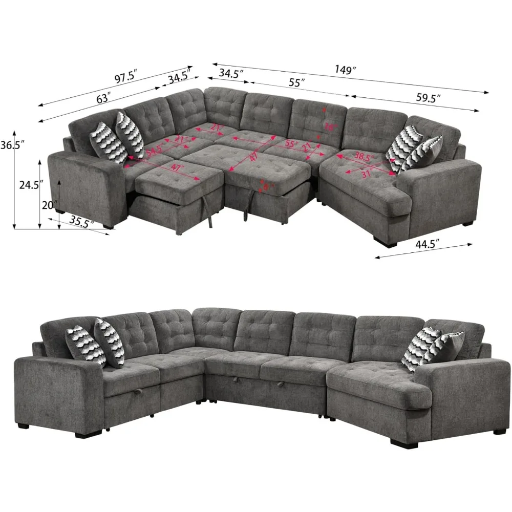 Living Room Sofas  with Chaise Lounge and Pull Out Bed, 7-Seater U-Shaped Sectional Couches with Cuddler Sofas & Couches