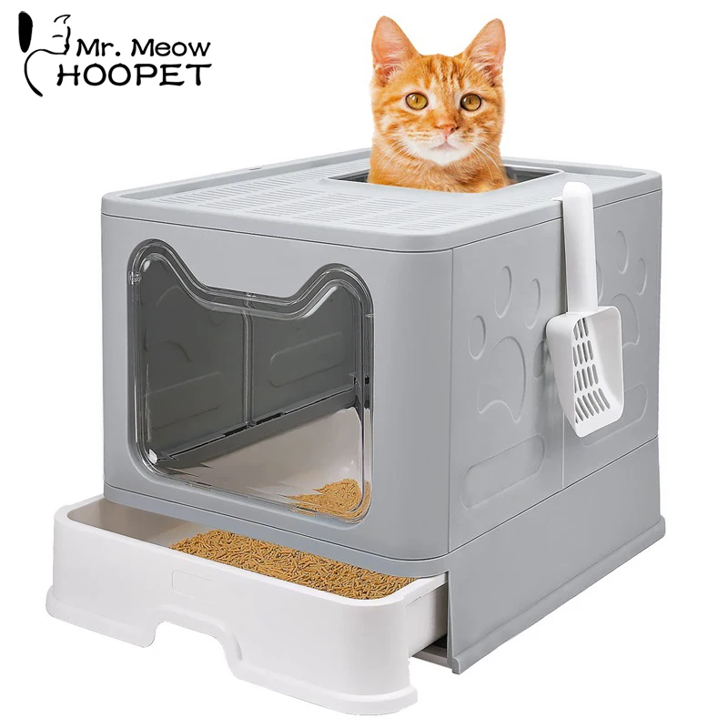 

Hoopet Foldable Fully Enclosed Pet Bedpan Cat Toilet Anti-splash Cat Litter Box Tray With Spoon Clean Kitten House Plastic Box