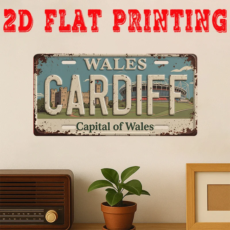 Letrero Metálico Decorativo de Aluminio con Diseño de Matrícula de Wales, Cardiff, la Capital de Gales, Impresión Plana 2D, Temática de la Ciudad Galésa Icónica