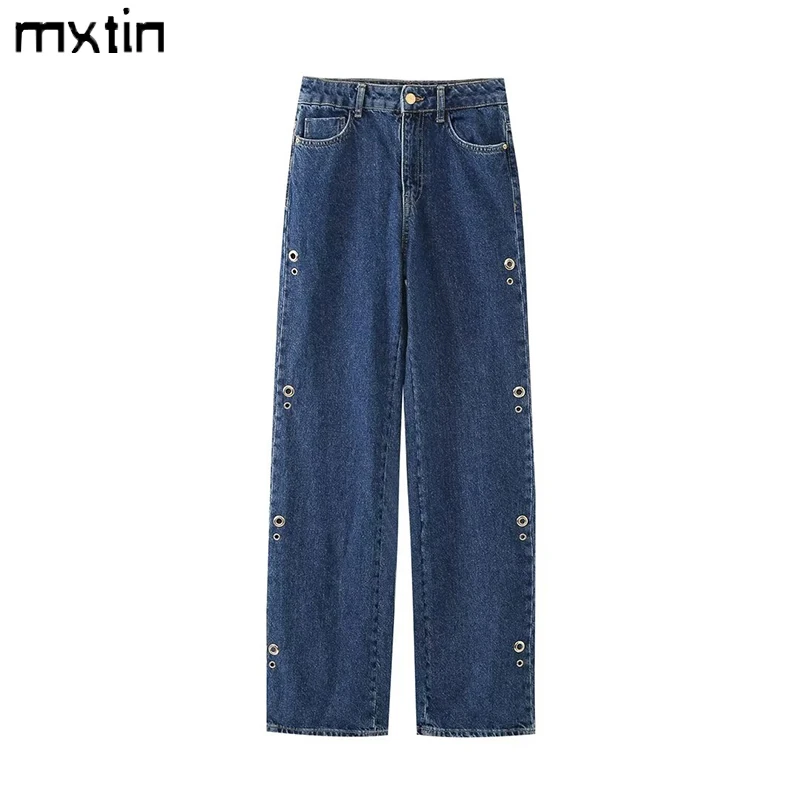 Women's Autumn Vintage Blue Pocket Jeans Pants Fashion Spring Straight High Waist Streetwear Female Trousers Pantalones De Mujer