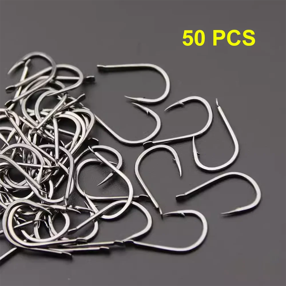 50Pcs Fishing Hooks Set High Carbon Steel Single Circle Round Handle Flat Handle Fishing Hook Fly Fishing  Barbed Carp