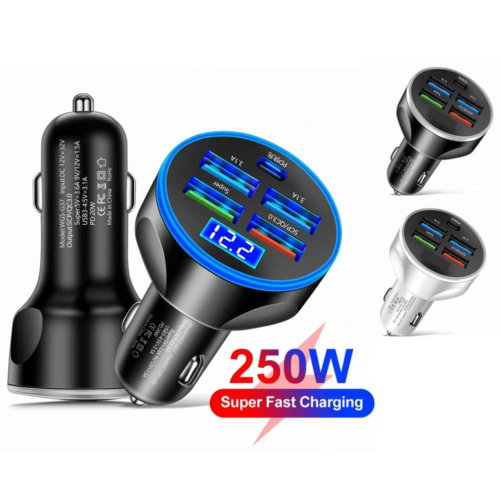 250W 5 Port Car Charger Super Fast Charging PD QC3.0 USB C Car Phone Charger Type C Adapter In Car For IPhone Huawei Realme OPPO
