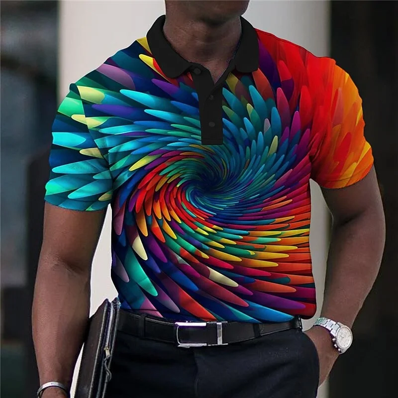 Summer Men's Collar Lapel Golf Optical Illusion 3D Feather Print Street Short Sleeved Printed Clothing Shirt