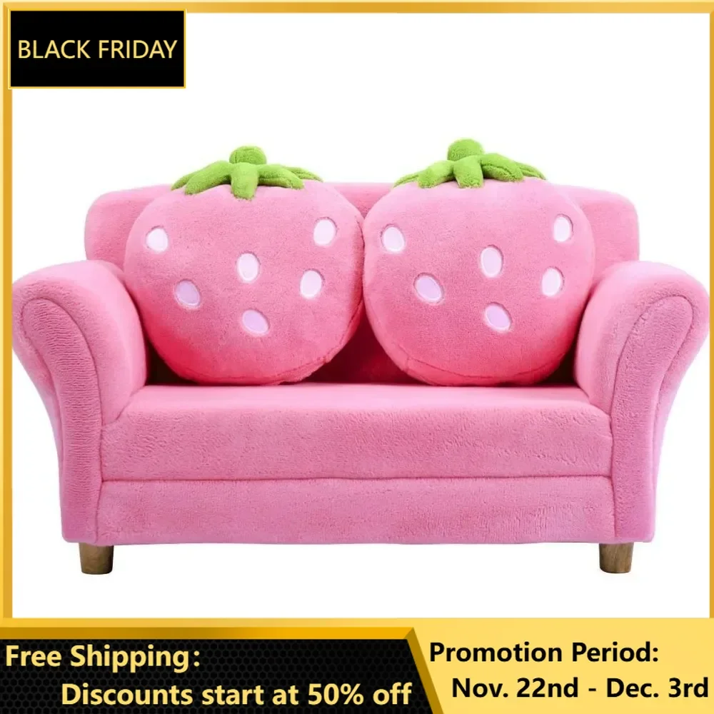 Toddler Couch with Two Strawberry Pillows, Children Upholstered Loveseat Lounge Bed, Coral Fleece Surface, Double Seat Kid Sofa