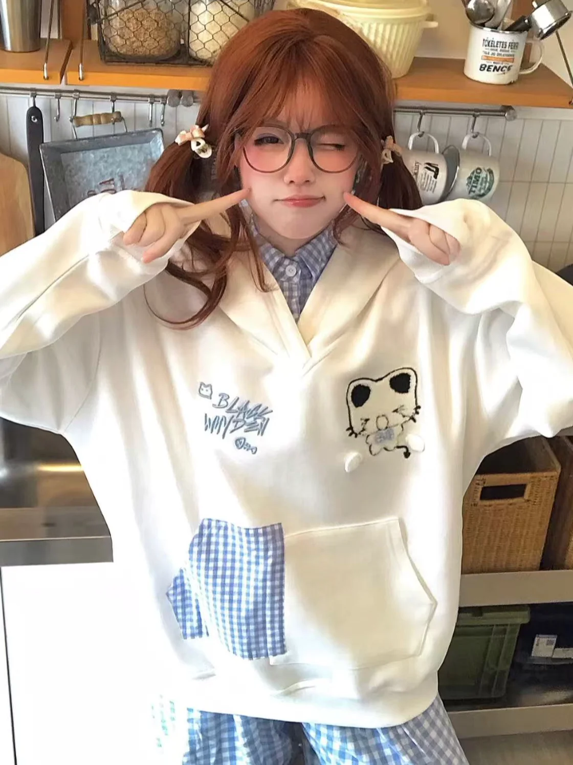 Extra Large 300 Pou Korean Design Sense Plaid Hoodie Loose Casual Cute Little Dog irt Women's Faion Spring Autumn