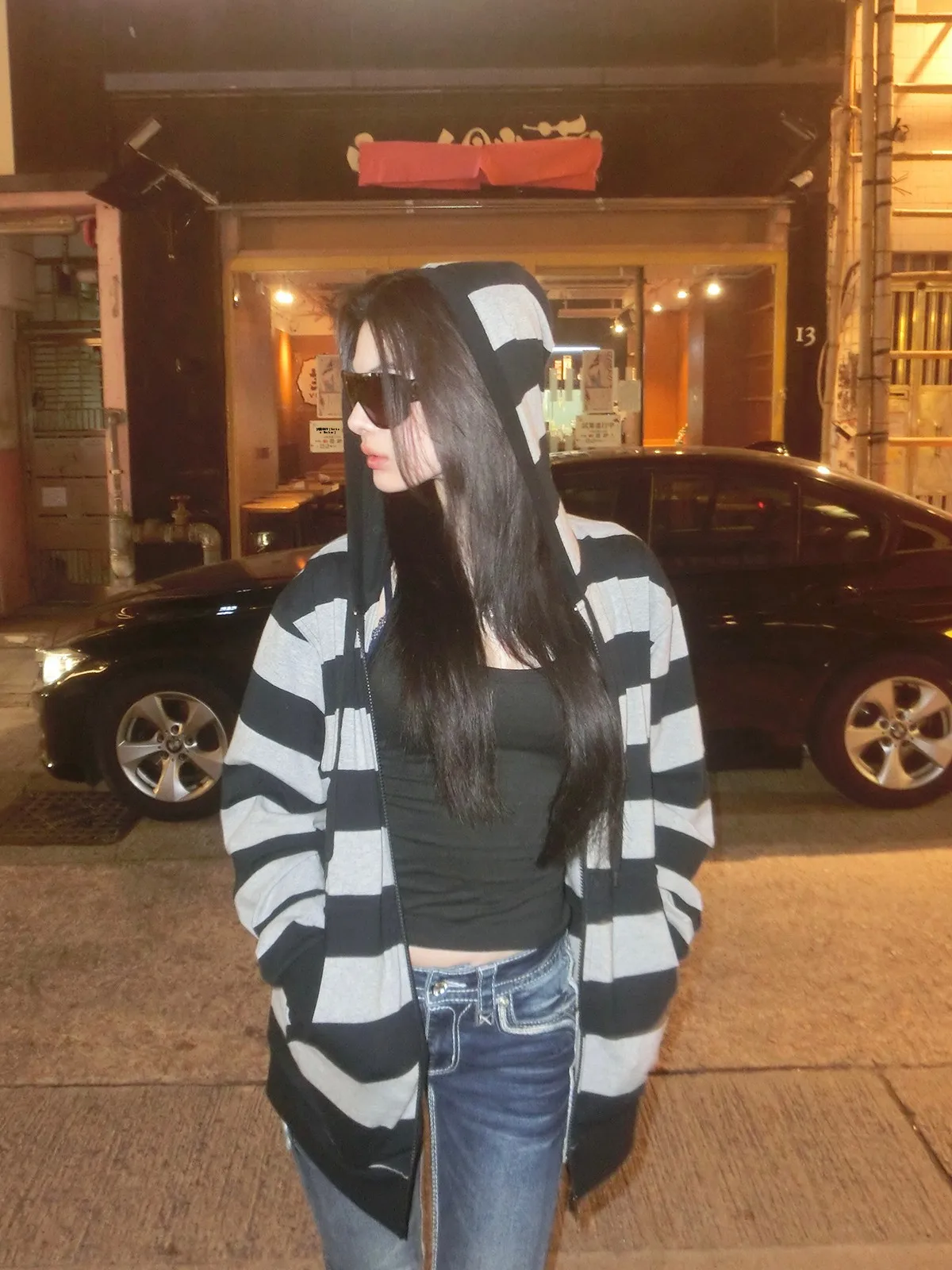 

Женская толстовка ICVIBE в американском панк-стиле с широкими полосами, свободного кроя, с капюшоном, на молнии, из хлопка и полиэстера, с длинными рукавами