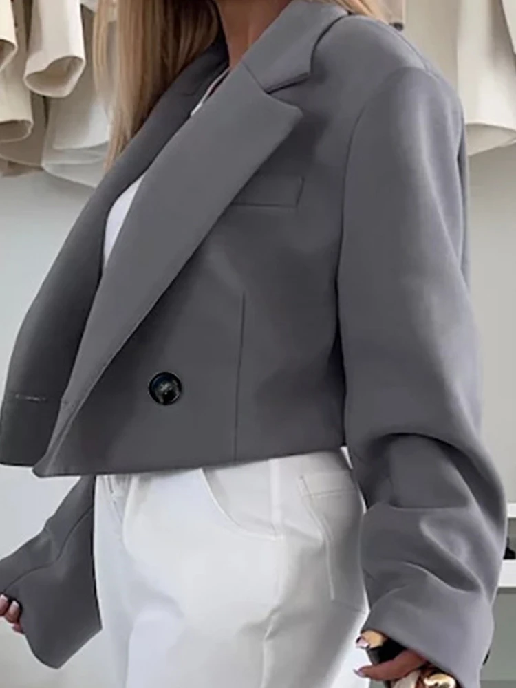 

Осенне-зимний модный пиджак для поездок на работу, элегантное однотонное короткое пальто с воротником с лацканами и пуговицами, повседневное женское пальто с длинными рукавами