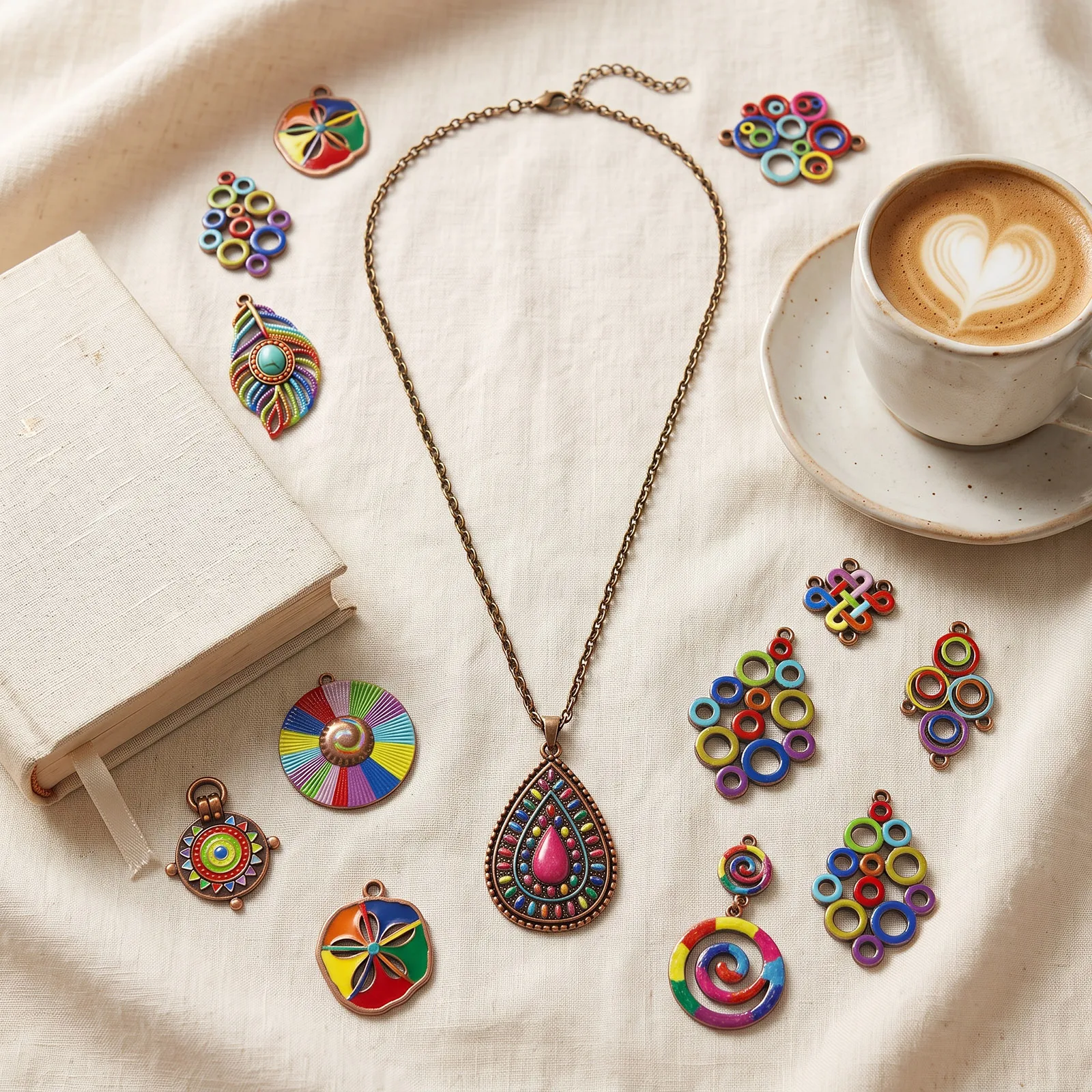 5Pcs Bohemian Ancient Charms Enamel Printed Pendants Connectors Zinc alloy Antique Copper Plated DIY Necklace Making Wholesale