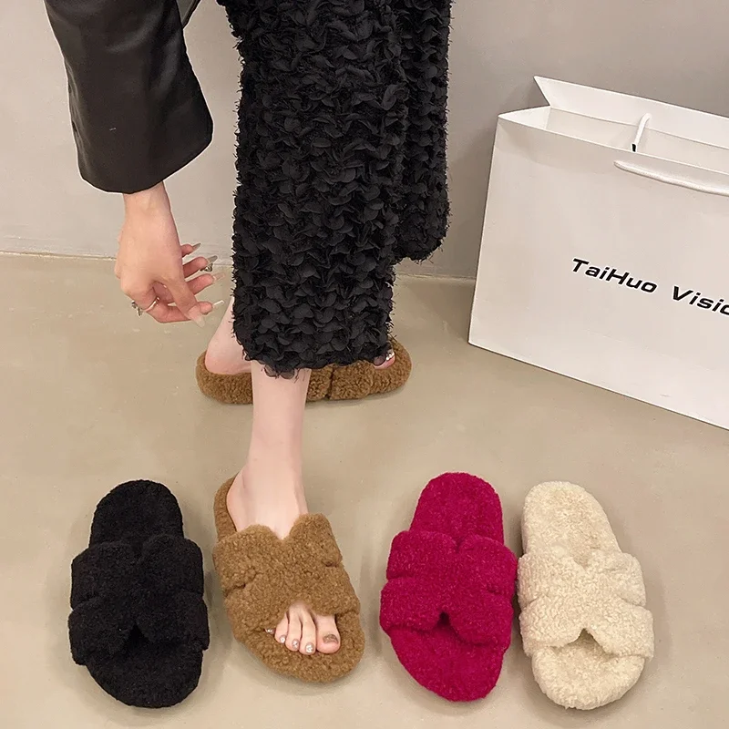 Luxury New Women Feminine High-heeled Fur Drag Outdoor All-match Shoes Slippers Round Head Wedges with Mink Fur Ms Slippers