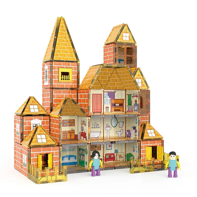 Kinderschloss Villa Magnetblatt Baustein farbiges Fenster magnetische Anziehung Jungen und Mädchen zusammengebautes Spielzeug