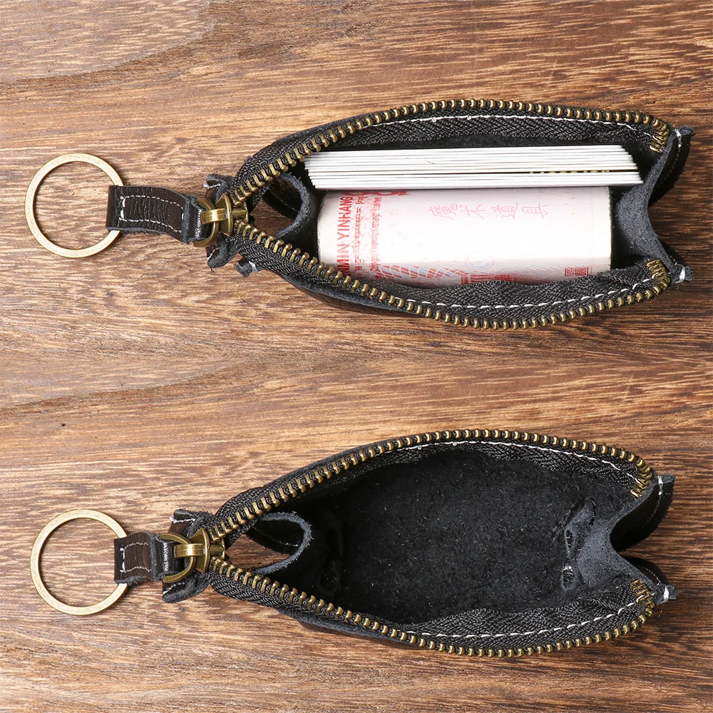 Genuine Soft Leather Mini Wallet Key Holder - Small Zipper Coin Purse Keychain Wristlet for Women and Men
